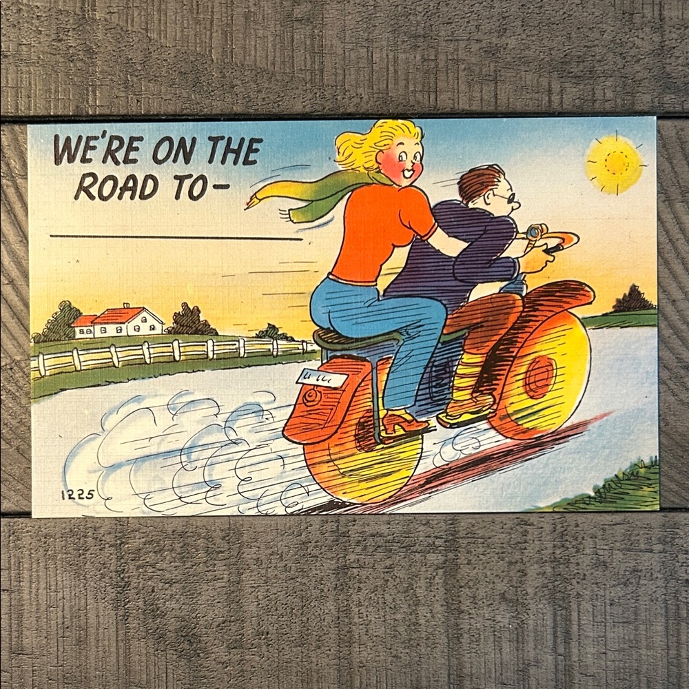 Vintage Comic Linen Postcard with Motorcycle Scene